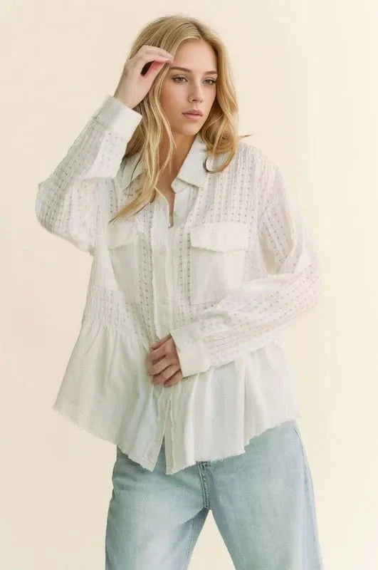 Davi & Dani Garment Washed Jacquard Button Front Shirt-0