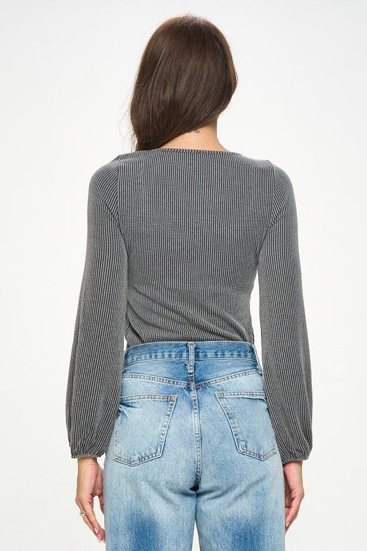 Square neck Rib Knit Long Sleeve Top-3