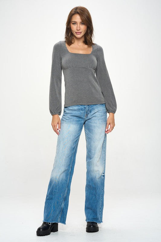 Square neck Rib Knit Long Sleeve Top-4